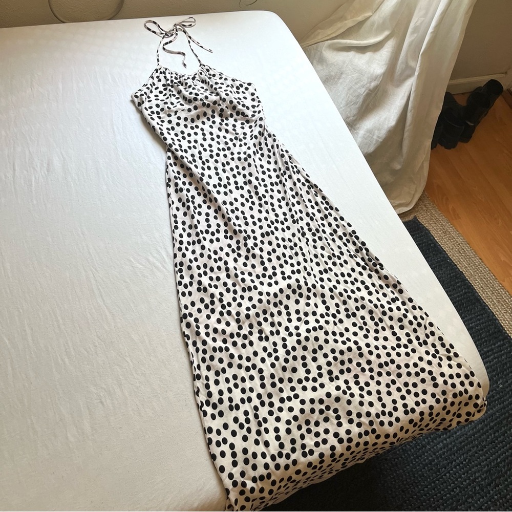 RIXO London white black polka dot halter neck tie back cutout sleeveless midi